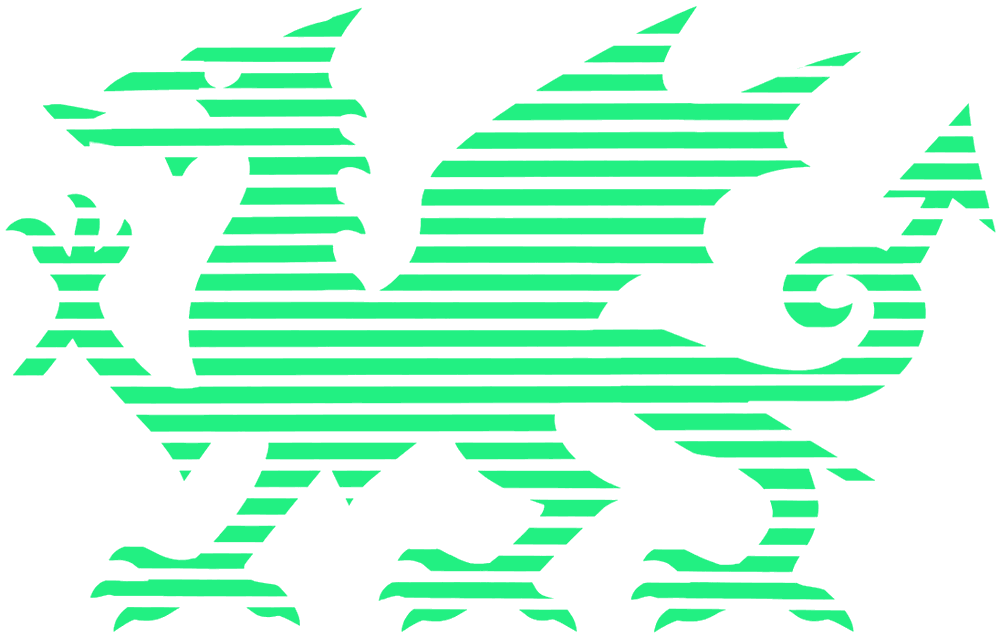 A glowing green Welsh dragon